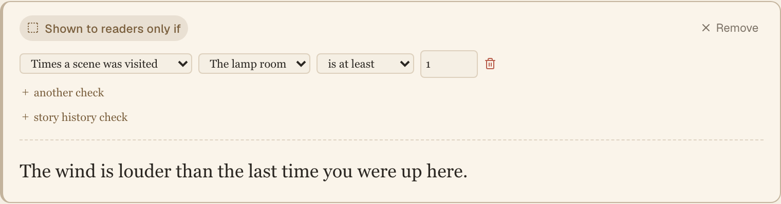 A paragraph block headed 'Shown to readers only if', with the check 'Times a scene was visited: The lamp room is at least 1'.