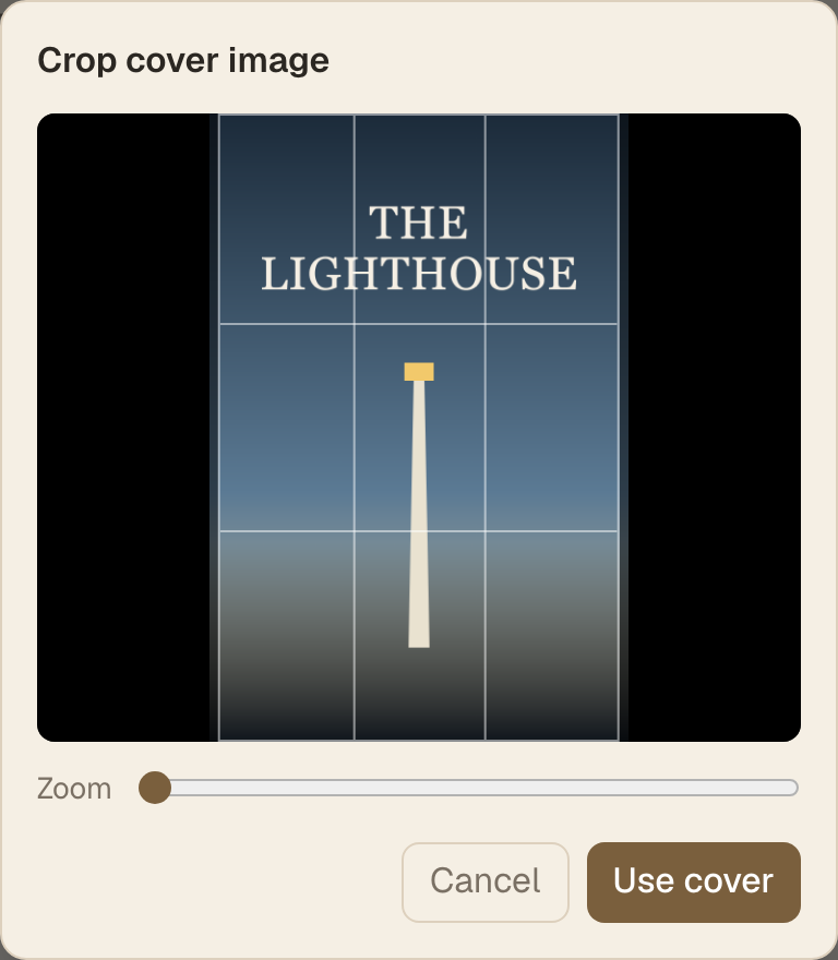 The Crop cover image window, with a tall guide over the picture and a Zoom slider underneath.