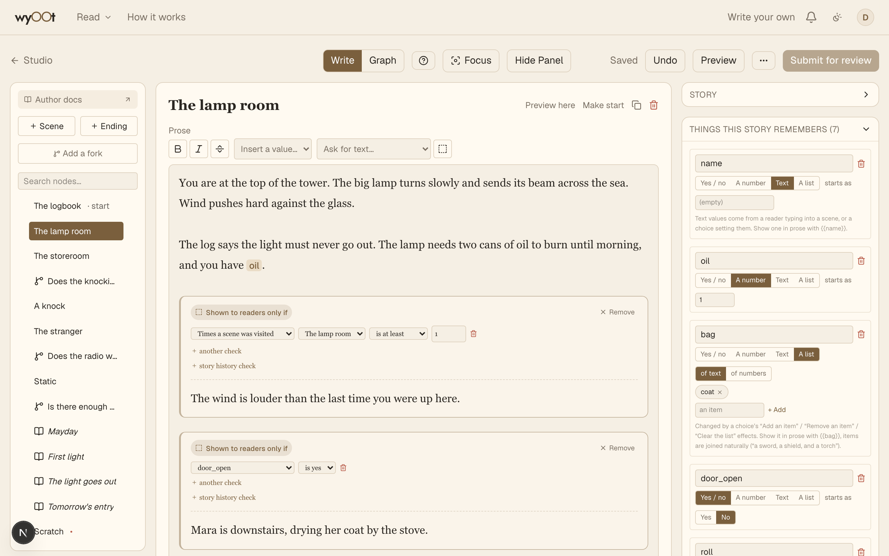 The editor with a story open. Left: the list of scenes and endings. Middle: the one you are editing. Right: story settings.