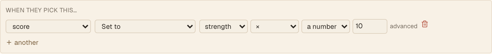 An effect that sets score to strength × 10: a value, an operation, a second operand, and the advanced link.