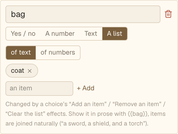 A list value called bag, of text, starting with one item: coat.