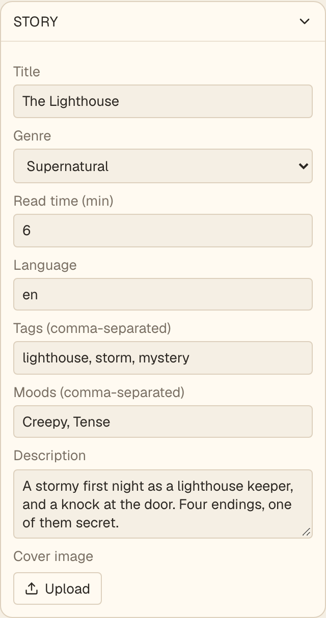 The Story card in the right panel: title, genre, read time, language, tags, moods, description and the cover image.